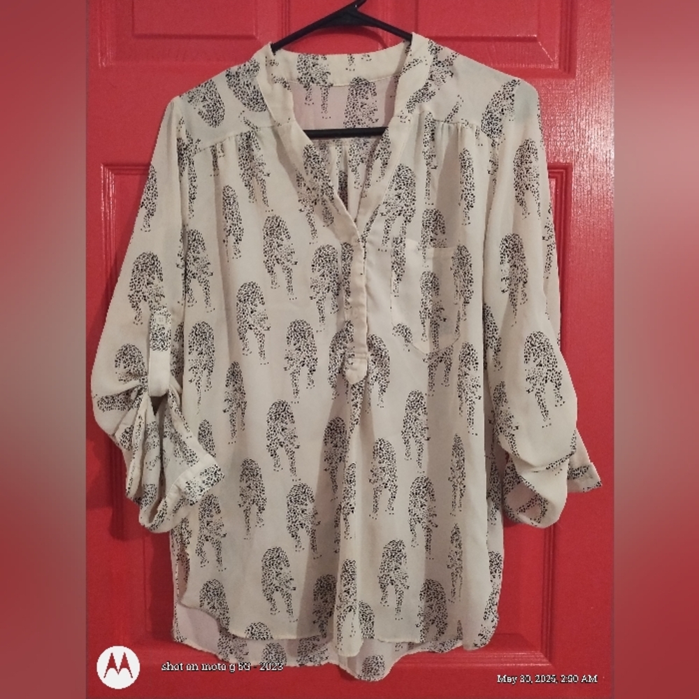Chic Cream Sheer With Black Cheetahs Blouse